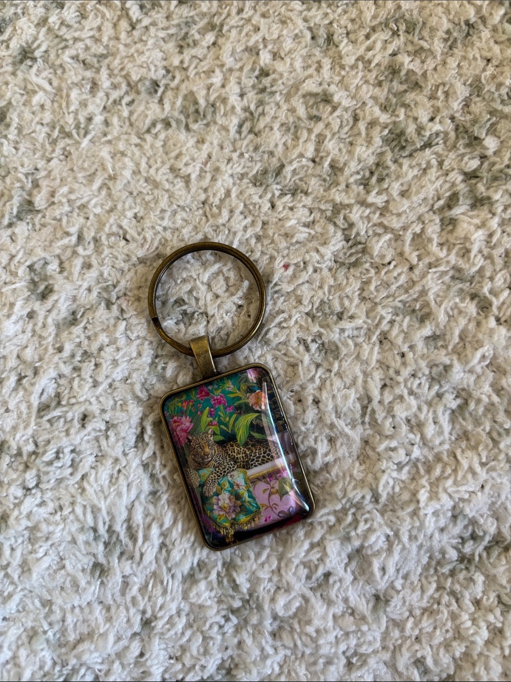 Tropical Botanic Floral Leopard Glass Cabachon Pendant Keychain NWT 2.50”